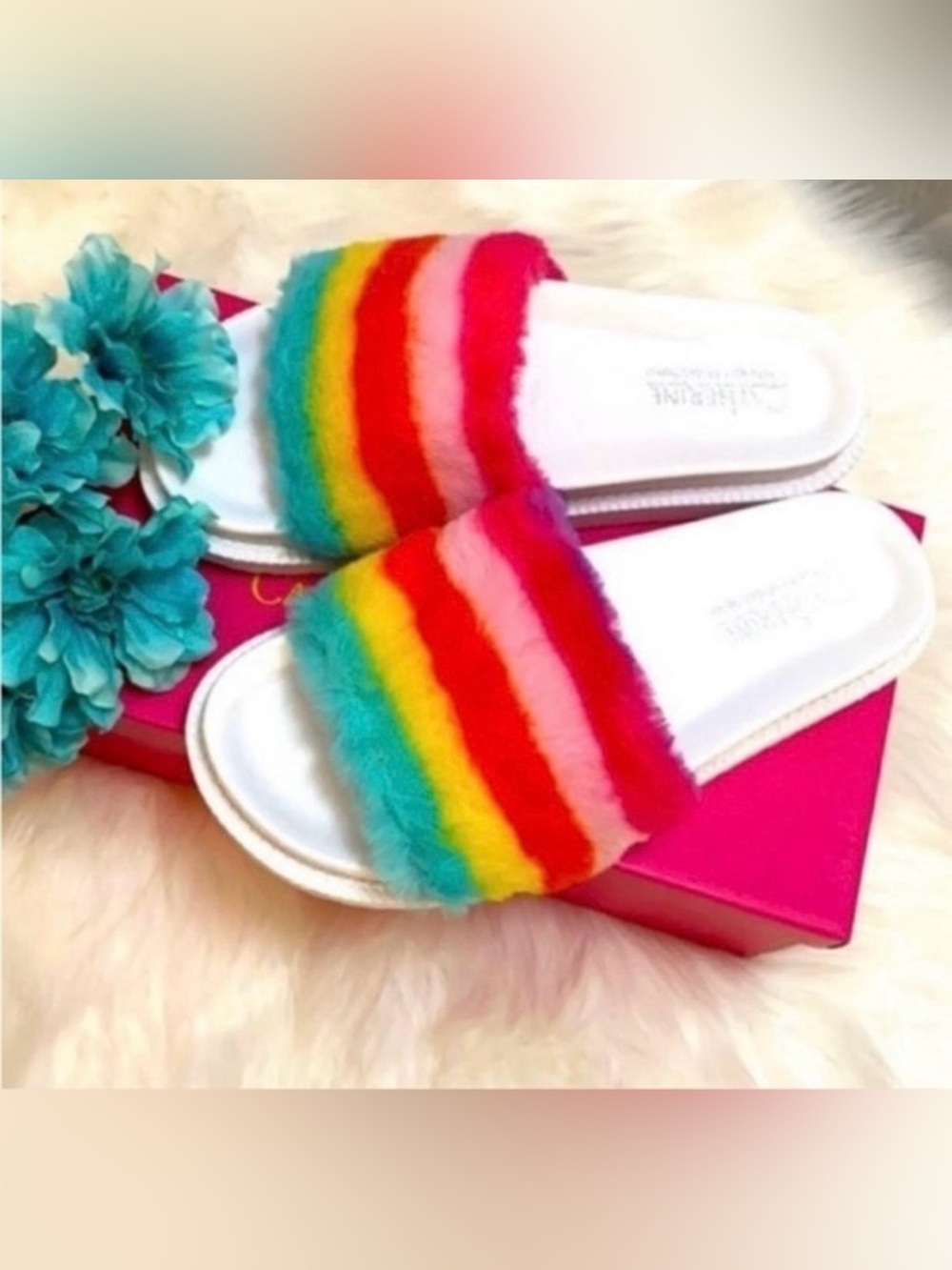 Catherine Malandrino Rainbow Fur Slides Sandal Flat Shoes Sz 7 NEW!